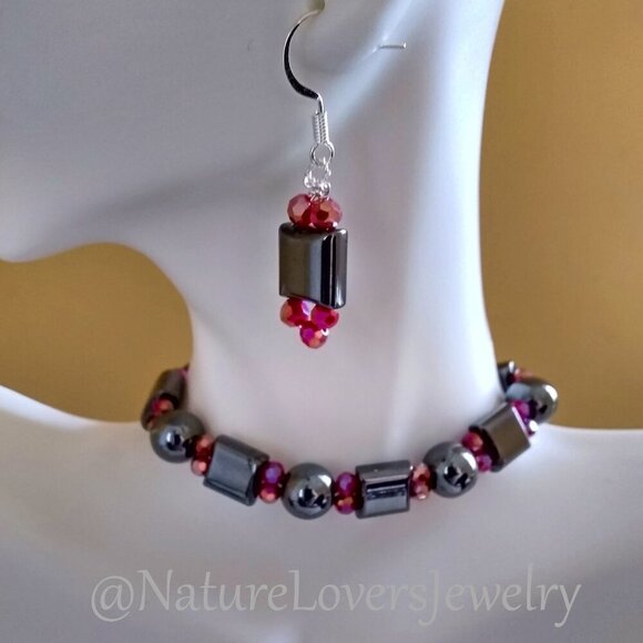 Calm and in Control! Thick + Chunky + Heavy! Spunky Hematite Bracelet + Earrings - Picture 3 of 9